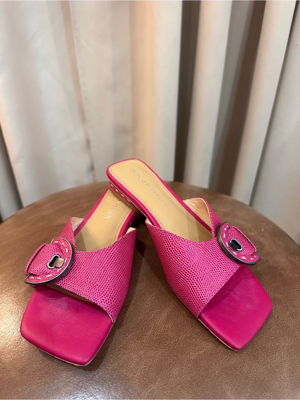 Donald J. Pliner Fuchsia Leather Slip-On Mules with Decorative Buckle